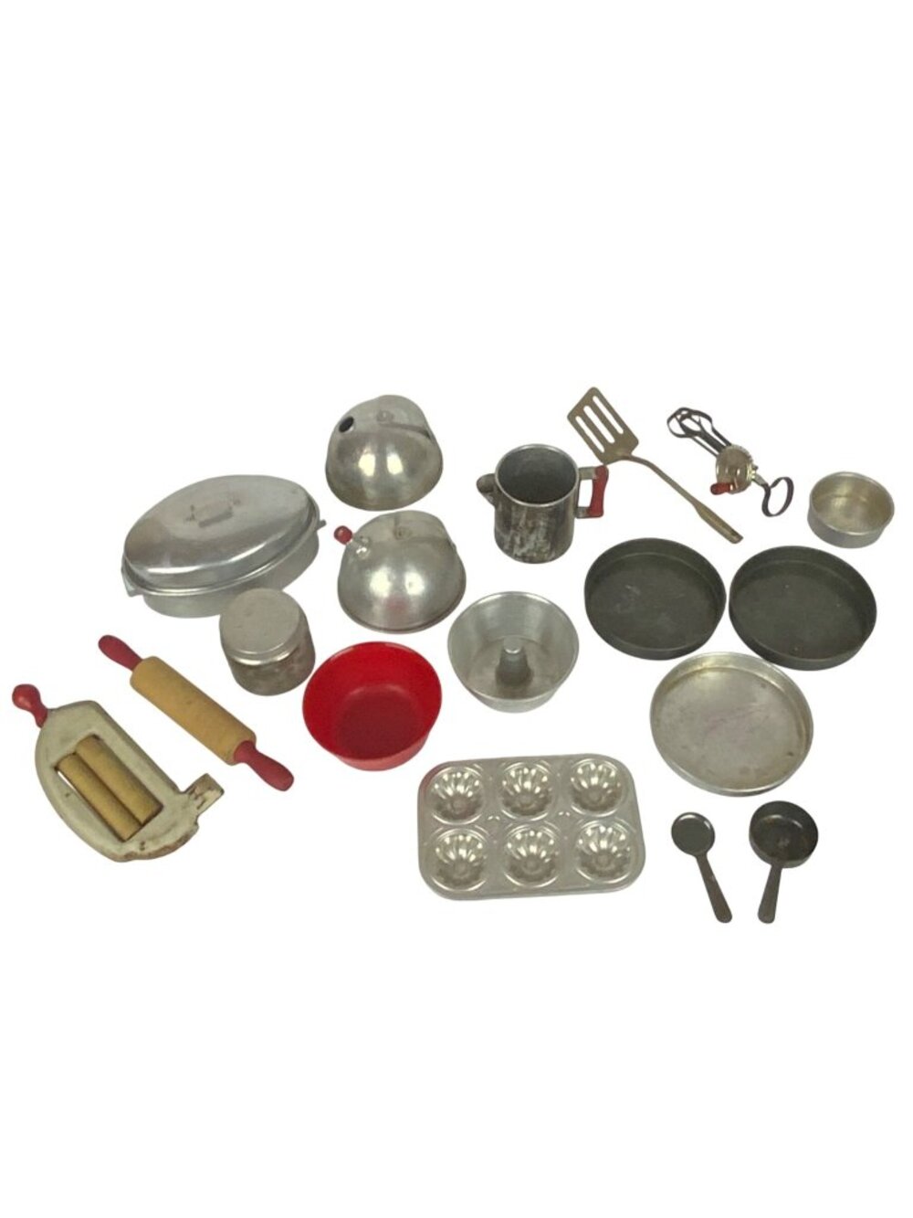 Vintage Aluminum Toy Kitchenware Set Rolling Pin Muffin Pan Pots Pans Utensils